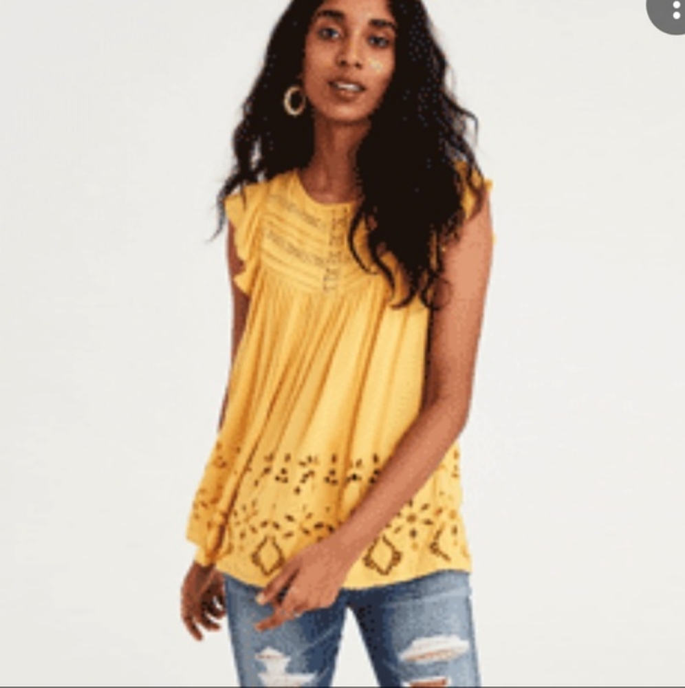 Never worn AE Mustard Yellow Flutter Sleeve Eyelet Crochet Boho Top